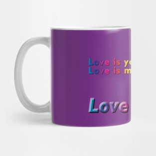 Love is you, Love is me, Love is us Rainbow Heart & Text Design on Violet Purple Background Mug